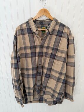 Cabela’s Shirt Mens XLTall Tan/Blue Plaid Outdoor Casual Classic Thick Work Wear